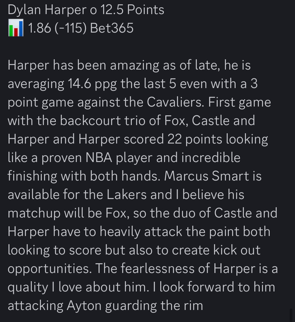🏀 Dylan Harper o 12.5 Points 
📊1.86 (-115) Bet365
📅 Spurs @ Lakers

I am 18-2 on Spurs plays this season. The Spurs have to play perfect in order to beat the Lakers tonight. I love Dylan Harper in this matchup

#GamblingX #NBA ⤵️⤵️⤵️