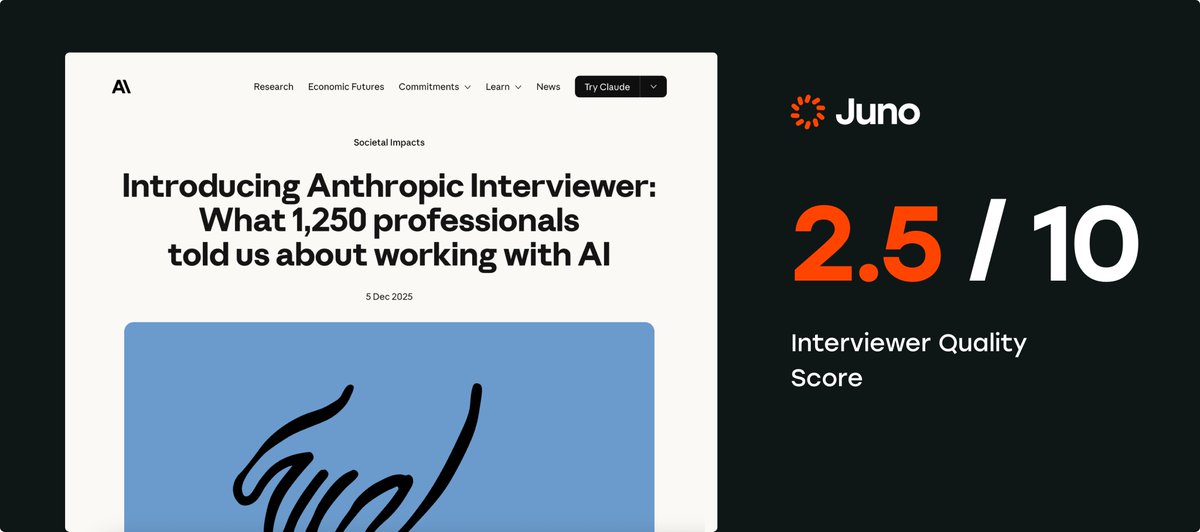 Jshdvy's tweet photo. @AnthropicAI just published a major study using @claudeai as an AI-interviewer.

They're calling it "qualitative research at scale."

We audited the transcripts. It scored 2.5/10.

Here's where it all fell apart. 🧵 https://t.co/j1hlMYbOCk
