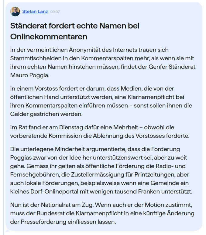 Wieder so eine Furz-Idee: Klarnamen bei Kommentaren in Medien, die von der öffentlichen Hand unterstützt werden. Auch wenn ich solche Medien nicht kommentiere und eben diese Medien immer mehr zensieren, läuft das doch genau auf die eID oder eine Ausweisverifizierung hinaus. 🤦‍♂️