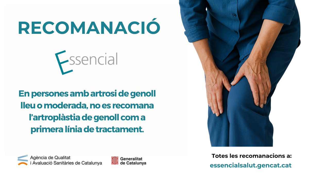 CAMFiC's tweet photo. 📢Artrosi de genoll i artroplàstia #EssencialSalut
📌Nova Recomanació per part de @AQuAScat-> "En persones amb artrosi de genoll lleu o moderada, no es recomana l’artroplàstia de genoll com a primera línia de tractament."
https://t.co/ggytz9NJQy https://t.co/40wAK6ROb2