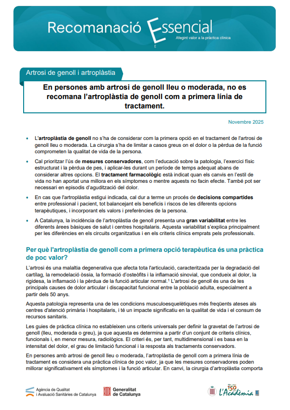 CAMFiC's tweet photo. 📢Artrosi de genoll i artroplàstia #EssencialSalut
📌Nova Recomanació per part de @AQuAScat-> "En persones amb artrosi de genoll lleu o moderada, no es recomana l’artroplàstia de genoll com a primera línia de tractament."
https://t.co/ggytz9NJQy https://t.co/40wAK6ROb2