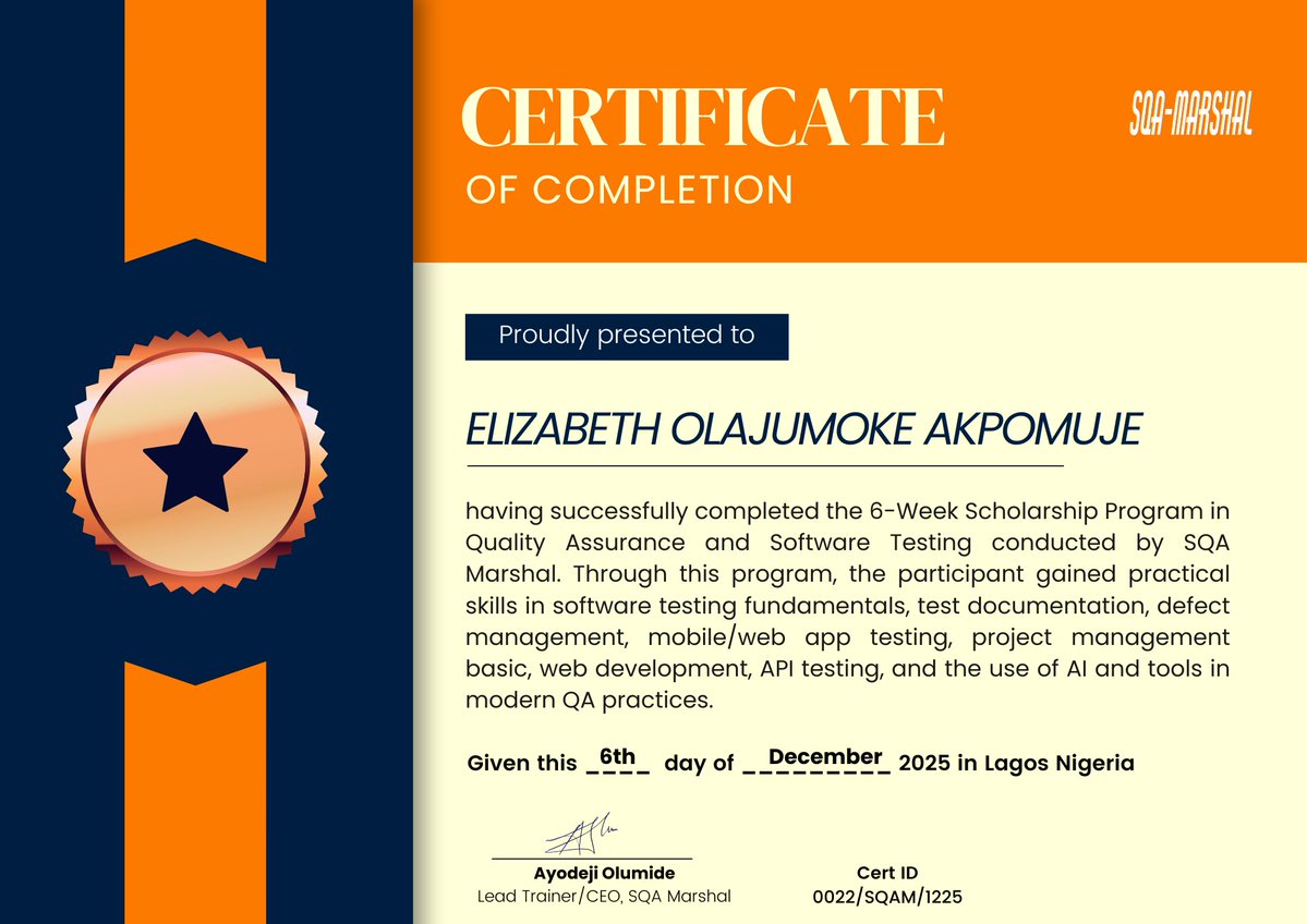 Mhiz_Abel's tweet image. Learning never stops! 🎉
Completed 6-Week QA &amp;amp; Software Testing Program with SQA Marshal.
Skills: Testing, API, Web &amp;amp; Mobile, Defects, Project Mgmt, AI tools.
Open to QA roles! 🚀
#QualityAssurance #SoftwareTesting #OpenToWork #QARoles #TechJourney #CareerGrowth #SoftwareQA #QA