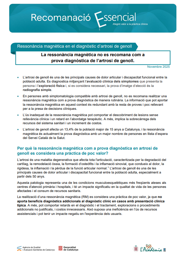 CAMFiC's tweet photo. 📢Ressonància magnètica en el diagnòstic d’artrosi de genoll #EssencialSalut
📌Nova Recomanació per part de @AQuAScat -> "La ressonància magnètica no es recomana com a prova diagnòstica de l’artrosi de genoll."
https://t.co/iaqe04GRog https://t.co/XvFAHQsudG