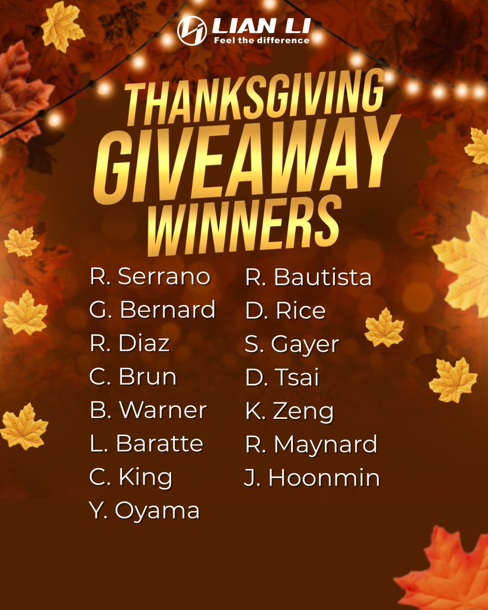 GlobalLianli's tweet image. Our Thanksgiving Giveaway has officially come to a close! Thank you for joining our Thanksgiving Giveaway.
All winners will receive an email, so make sure to check your inbox! 🧡