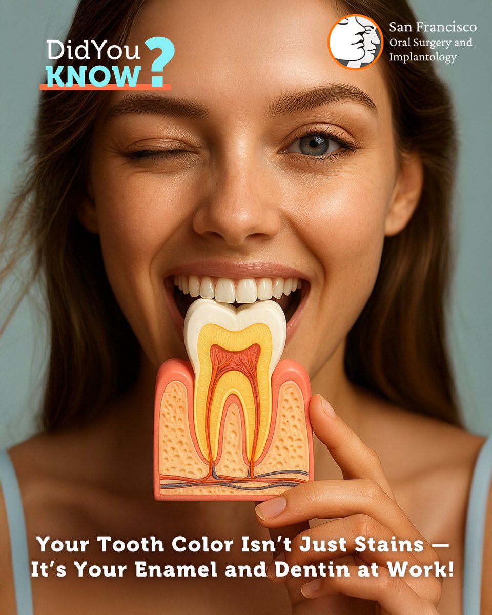 SFImplantology's tweet image. 🦷✨ Did You Know? 🎨

Your #Tooth Color Isn’t Just Stains — It’s Your #Enamel and Dentin at Work! 😮✨

Thicker enamel looks whiter, thinner shows more #dentin 🧬😁.

Good #OralCare still matters: #brush daily 🪥, limit acids 🥤, and get regular cleanings.

#DidYouKnow