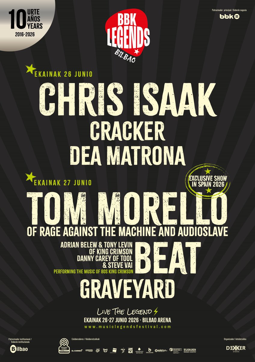 🅱️ Mitozko bi gau Tom Morello, Chris Isaak, BEAT eta beste artista batzuekin 2026ko BBK Legends Bilbao ekitaldian 🔗 labur.eus/3qdfcexi
🅱️ Dos noches de leyenda con Tom Morello, Chris Isaak, BEAT y más artistas en el BBK Legends Bilbao 2026 🔗 labur.eus/3ylrkhu1