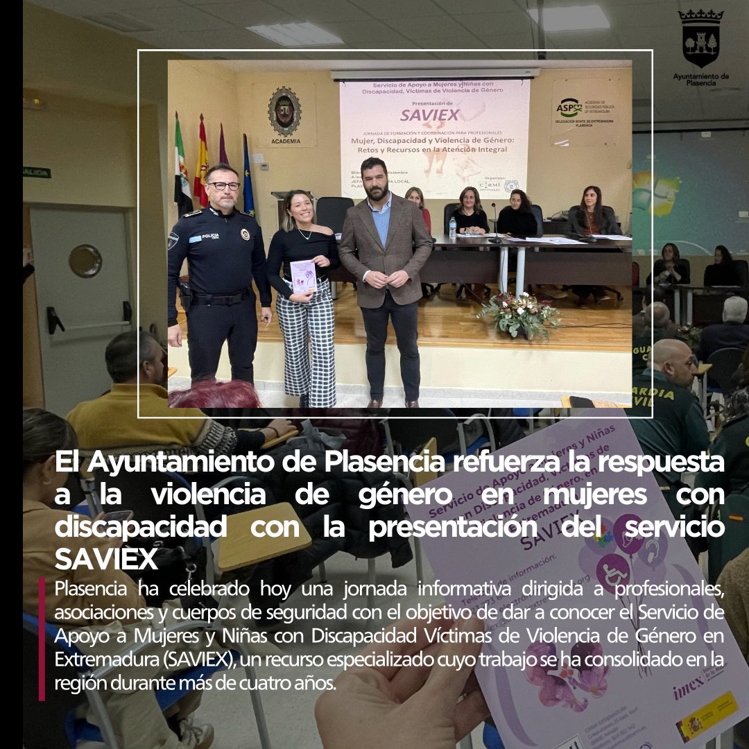 Plasencia presenta el servicio SAVIEX: apoyo especializado a mujeres y niñas con discapacidad víctimas de violencia de género. Profesionales y cuerpos de seguridad se unen para mejorar coordinación y atención accesible. #ViolenciaDeGénero #SAVIEX #Plasencia