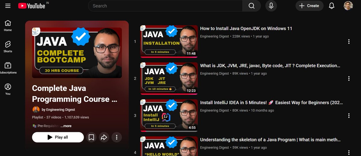 adityakush_04's tweet image. 1. After getting suggestion i have started with Java + Spring Boot 
2. If anyone want to start with Java then start with this playlist very good and beginner friendly