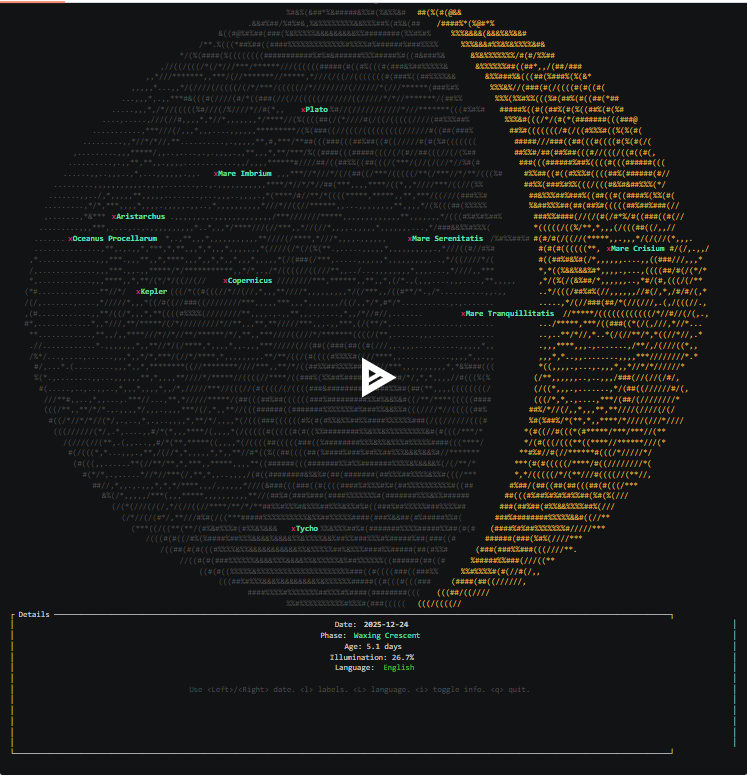 linuxopsys's tweet image. TUI that shows the moon phase as ASCII art in your terminal. Minimal, nerdy, delightful. 🌙 

github.com/rockydd/ascii_…