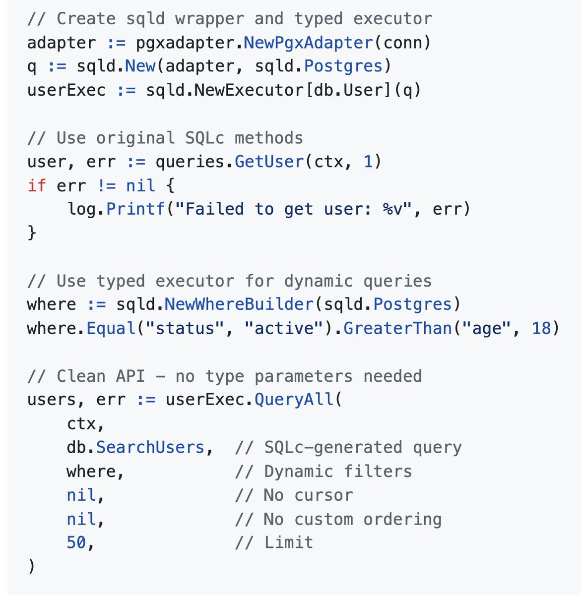 gorilla0513's tweet image. sqlからコード生成するsqlcは動的クエリを組み立てる機能がないという弱点があって、それを補うパッケージがあった
ぱっと見よさそうではあるので、どこかで試してみるか
github.com/getangry/sqld