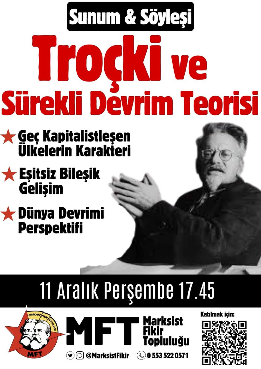 📢 MFT'de bu hafta 
Troçki'nin hayatını, mücadelesini ve sürekli devrim teorisini konuşacağımız etkinliğimize tüm dostlarımız davetlidir 🚩
📅 11 Aralık Perşembe 17.45