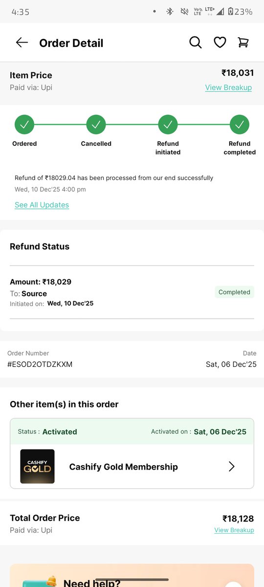 AircraftWala's tweet photo. @Cashify_Support 
My order #ESOD2OTDZKXM was cancelled by you due to QC failure. I paid ₹18,129 but got ₹18,029 back.
Why deduct ₹100 for Gold Membership when the product is unavailable? I don’t need the membership.
Please refund the remaining ₹100. This is unfair. https://t.co/B8FCPj3gnS