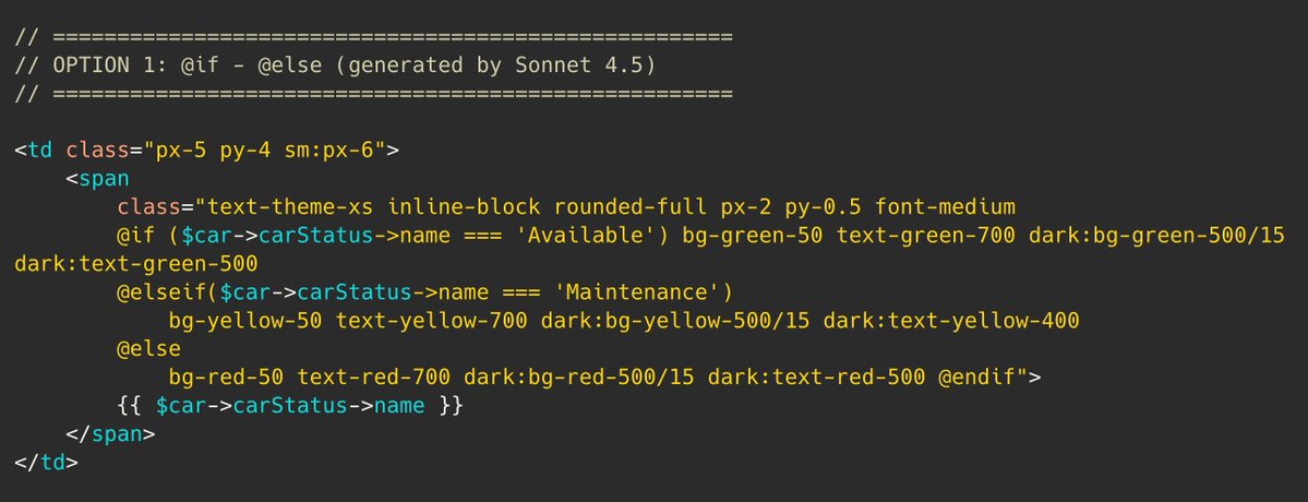 Laravel Blade 팁.
세 개의 LLM이 동일한 코드를 생성한 방식을 기반으로 합니다.
조건에 따라 다른 CSS 클래스를 적용하고 싶으신가요?
- if-else 문을 사용할 수 있습니다.
- ma