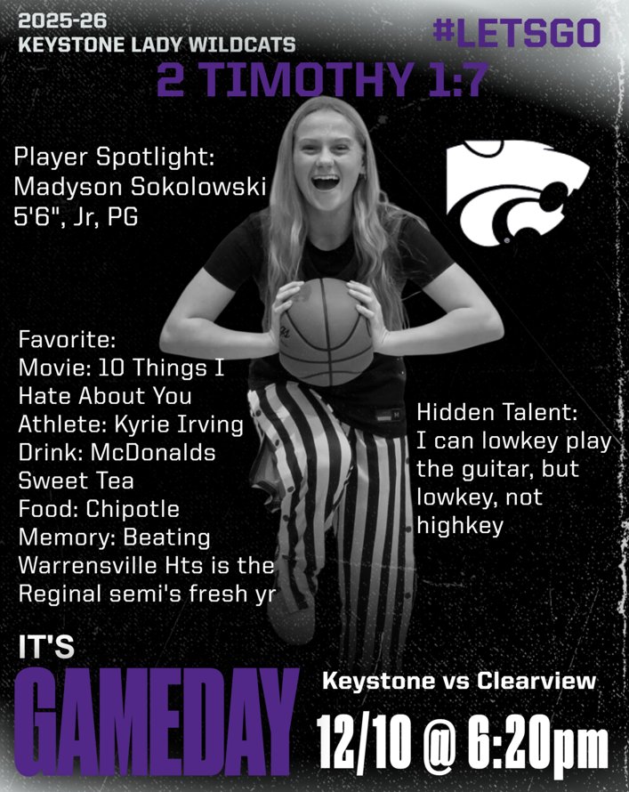 KeyLadycatBBall's tweet image. Keystone Lady Wildcats (5-0, 2-0 conf) are back on the court tonight vs Clearview (1-3, 0-2 conf).

Today's spotlight player is #23 Madyson Sokolowski, 5' 6", Jr

Who: Keystone vs Clearview 
Where: Keystone
When: Wed, Dec 10th
Time: JV at 5:30pm (2 qtrs)
           Var at 6:20pm