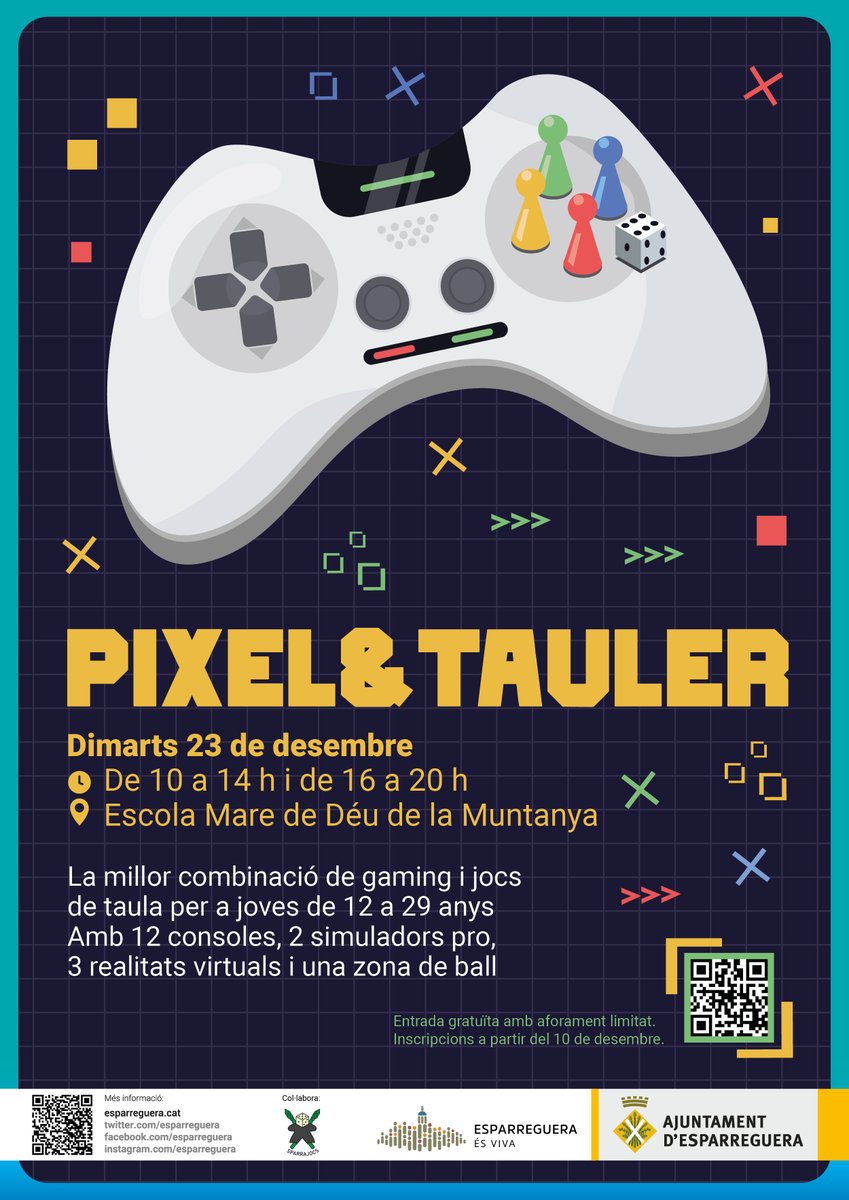 🎮 L'Ajuntament d'#Esparreguera i Sparrajocs organitzen Pixel &amp; Tauler, una combinació de gaming i jocs de taula! #Nadal

📆 Dimarts 23 de desembre
🕙 10 a 14h i 16 a 20h
📍 Escola MD Muntanya

👦 Per a #joves de 12 a 29 anys
📲 entrades.esparreguera.cat

👉 bit.ly/3MsER2A