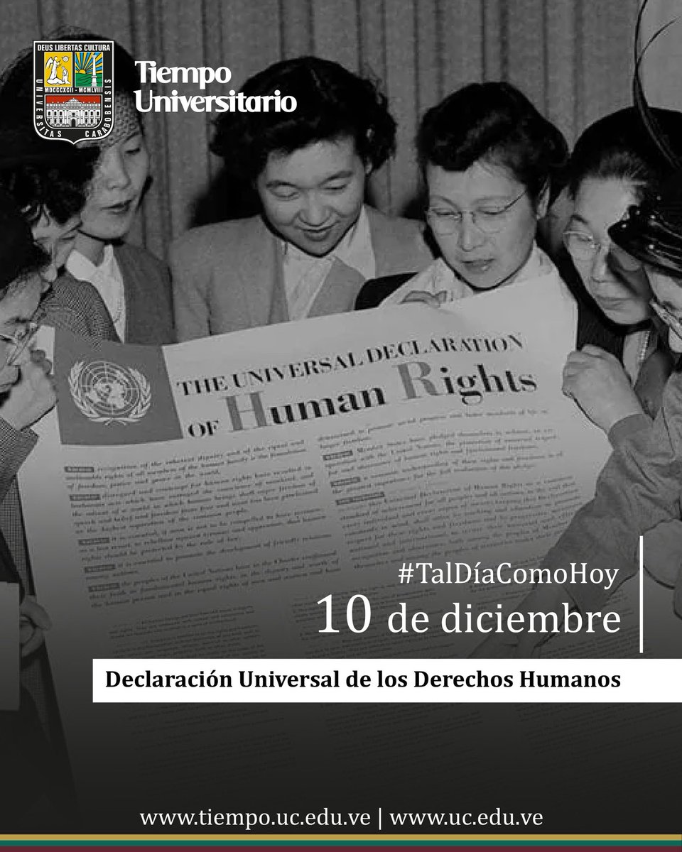 #TalDíaComoHoy de 1949 fue proclamada la Declaración Universal de los Derechos del Hombre, en la que se establece como orden mundial derechos humanos fundamentales: vida, libertad, salud, alimentación y acceso a la justicia. #UC