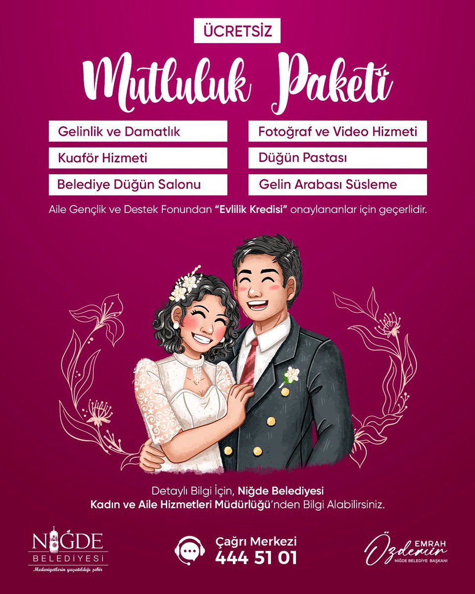 İzdivaç sever Belediyeniz iş başında 😎

Aile Yılı kapsamında Aile Gençlik ve Destek Fonundan yararlanan çiftlerimize “Mutluluk Paketi” adı altında;
🔸Gelinlik ve Damatlık
🔸Kuaför Hizmeti 
🔸Belediye Düğün Salonu
🔸Fotoğraf ve Video Hizmeti 
🔸Düğün Pastası
🔸Gelin Arabası