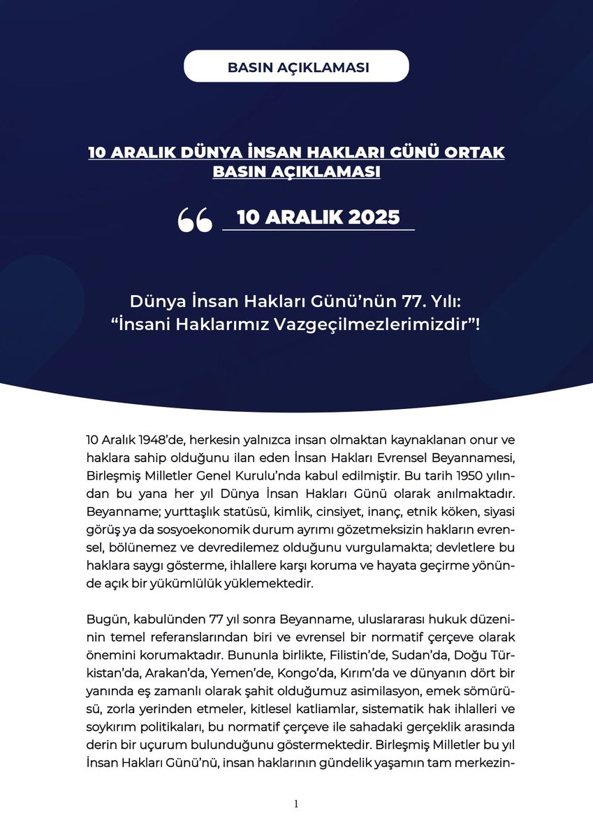 ethrworg's tweet image. 10 Aralık Dünya İnsan Hakları Günü Ortak Basın Açıklaması

Dünya İnsan Hakları Günü'nün 77. Yılı: "İnsani Haklarımız Vazgeçilmezlerimizdir"!