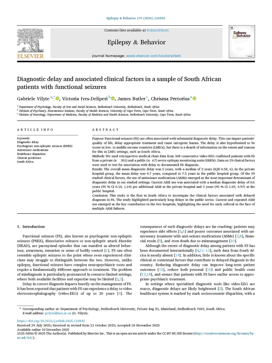 GabrieleVilyte's tweet photo. Delighted to share our latest publication - this is the first study to report on #DiagnosticDelay among patients with #FunctionalSeizures in #SouthAfrica, as well as the #ClinicalFactors that contribute to this delay. You can read it for free here https://t.co/ouSE1BLa0t https://t.co/PcHzgaM4cr