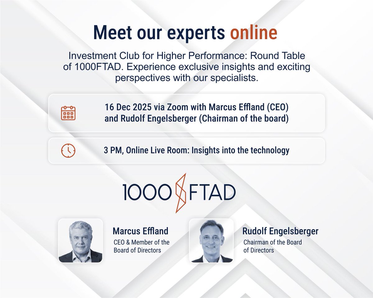1000ftad's tweet photo. Ready to revolutionise your trading from the ground up?

Join us for an exclusive presentation that will captivate you from the very first moment: We'll show you how cutting-edge algorithms, millisecond-fast trades, and high-performance infrastructure work seamlessly together to automate currency trading, minimise risk, and maximise returns.

Online Live Room in English: The Future of Automated Currency Trading – Insights into the Technology
Date: December 16, 2025, 3.00 PM via Zoom with Marcus Effland (CEO) and Rudolf Engelsberger (Board Member)

Join us as we unveil the groundbreaking software solution from 1000FTAD AG – the quantum leap that will transform your portfolio!
Don't miss the chance to see how trading will be done tomorrow! Secure your spot and experience trading anew!