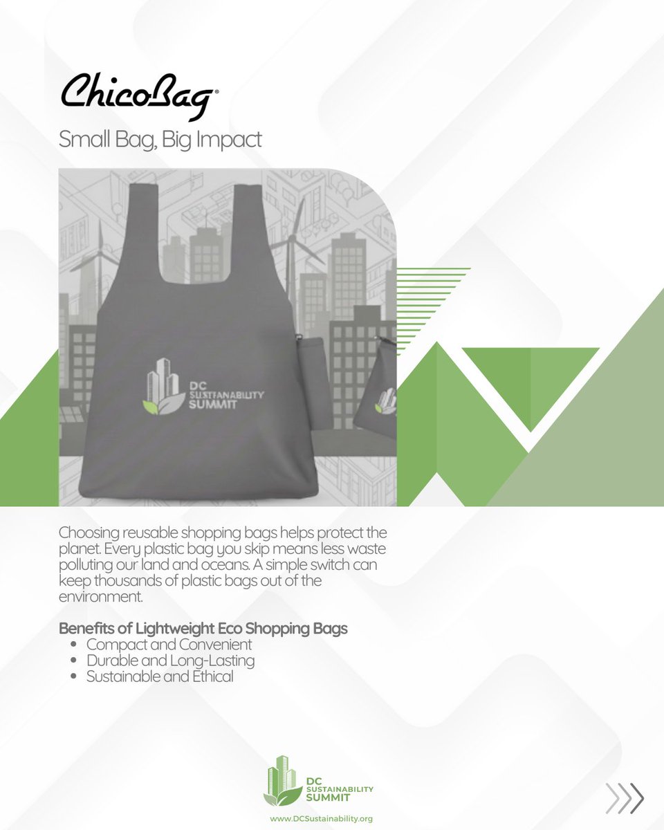 DCSSummit's tweet photo. The DC Sustainability Summit's most practical takeaway? The @ChicoBag! This little reusable bag, often made from recycled plastic, stuffs down to pocket size. Proof that great sustainability solutions are often simple &amp; strong!

#dcssummit #Sustainability #EcoFriendly #ChicoBag https://t.co/hhlDLQhVOr