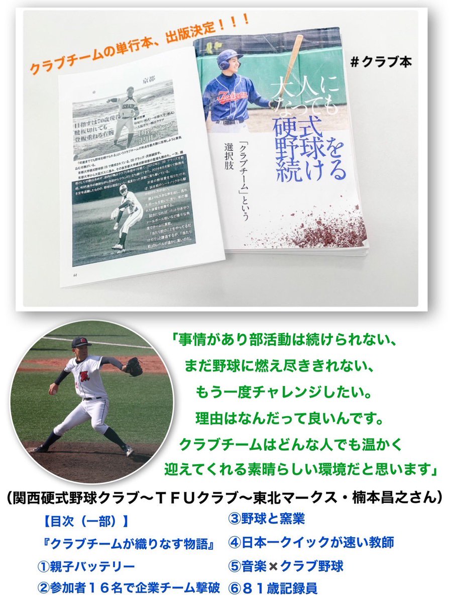 buru_photo's tweet photo. 【#クラブ本 紙面紹介⑤】
最終章で、クラブチームが過去の経歴関係なく、野球好きな人を迎え入れてくれる環境であ���ことが伝われば嬉しいです！高校はバドミントン部、硬式野球初挑戦の宮入稜仁選手、独立Lから帰ってきた小井手和宏投手、転勤しても野球を続ける楠本昌之投手にもお話を伺っています✨ https://t.co/mtWxydFg7R