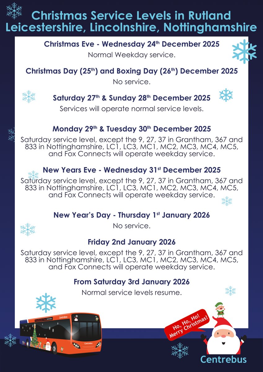 CentrebusLive's tweet photo. Our Christmas & New Year Service Levels covering Leicester City, Leicestershire, Rutland, Lincolnshire, and Nottinghamshire areas, can be found here https://t.co/PdMNioXTND
#centrebus #christmas2025 #servicelevels #merrychristmas https://t.co/ywBqRGZCpf