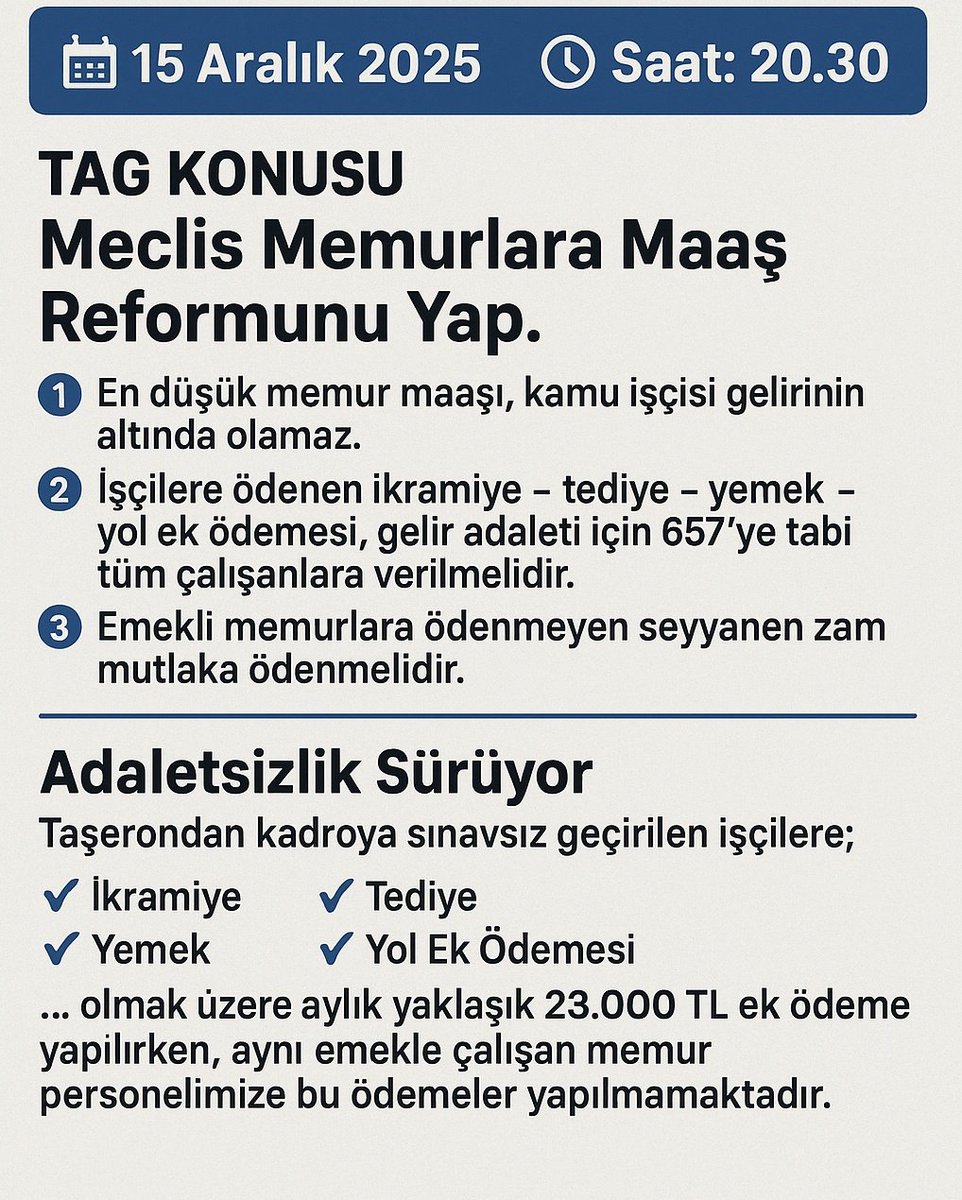 Kamuda Maaş Adaletsizliğine karşı sesimizi yükseltiyoruz! YETER ARTIK!

Sınavla gelen Üniversite Mezunu Memurlara 50-55.000₺

Taşerondan geçen Temizlik Güvenlik işçisine 70-75.000₺

Sn <a href="/RTErdogan/">Recep Tayyip Erdoğan</a> ın sözü ne oldu!?

T.me/TumMemurlar sayfasnda birleşip Sesimizi Duyuruyoruz