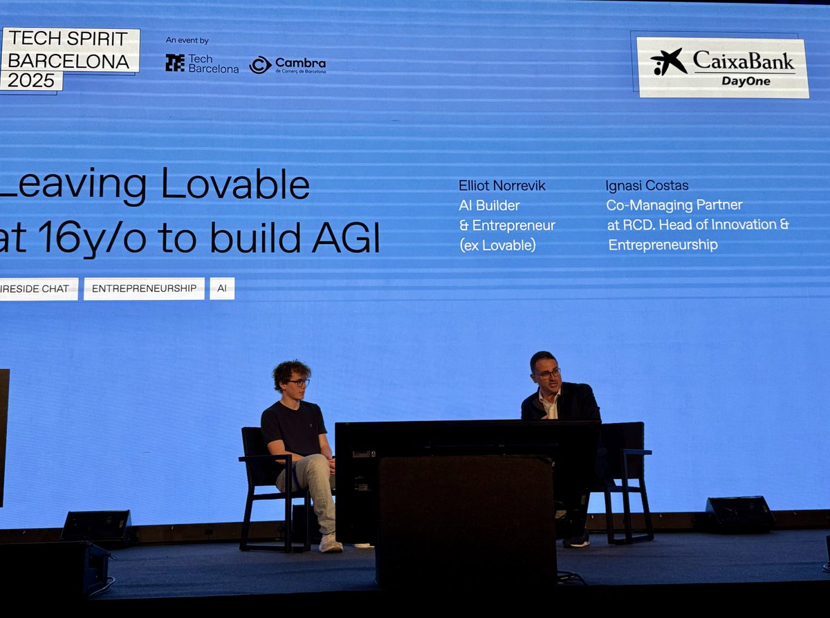 TechBarcelona's tweet photo. At the CaixaBank/DayOne Stage, @elliotnorrevik (ex @Lovable) & @IgnasiCostas (@rcd_legal) unpack “Leaving Lovable at 16 y/o to build AGI”.
A conversation on building, scaling and navigating the future of AI.
#TSB25 https://t.co/85ArwEe2PH