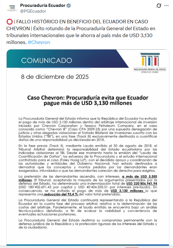 dolarizacionEc's tweet photo. NO pago a TEXACO-CHEVRON. Sres de la @PGEcuador del "Nuevo Ecuador", el Estado ecuatoriano 🇪🇨  NO DEBE PAGAR NADA. Ustedes quieren hacer ver como un logro pero NO LO ES. TEXACO-CHEVRON fue quien contaminó mientras operó en el país (1964-1990), por tanto, de acuerdo a la sentencia de la justicia ecuatoriana, es quien debe pagar USD 9.500 millones a las comunidades afectadas por uno de los más grandes ecocidios provocado a la Amazonía ecuatoriana y al planeta. 

En un tweet anterior de este Observatorio 👇anticipamos que la narrativa desde el oficialismo se configuraría para hacer ver que la sacamos barata y que poco más sería un "merito".  El pronunciamiento de la  @PGEcuador en base al dictamen de la Corte Permanente de Arbitraje de "La Haya", no pudo ser más evidente. 

La Constitución VIGENTE les dispone soberanía y defensa firme de los reales intereses del país. NO PODEMOS NI DEBEMOS PAGAR!