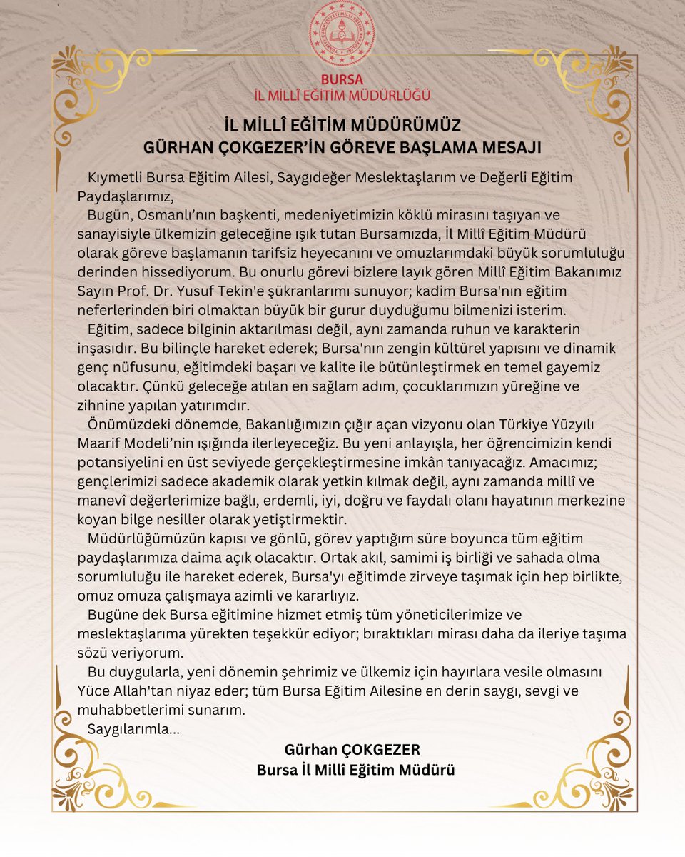 📌Bursa İl Millî Eğitim Müdürümüz Gürhan Çokgezer’in Göreve Başlama Mesajı 

Haber için 🔗meb.ai/I0z3nZ

<a href="/tcmeb/">Millî Eğitim Bakanlığı</a> <a href="/Yusuf__Tekin/">Yusuf Tekin</a> <a href="/GurhanCokgezer/">Gürhan Çokgezer</a> #bursamem