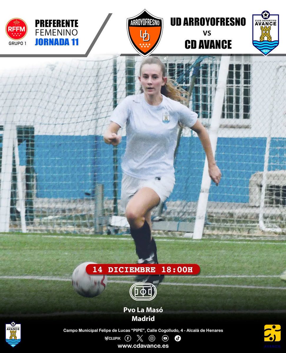cdavance's tweet image. UD Arroyofresno vs CD Avance
⚽️ Preferente Femenino - Grupo 1
Jornada 1️⃣1️⃣
📆 14 de diciembre
🕕 18:00h
🏟Pvo. La Masó
@ud_arroyofresno
@RFFM_oficial
#somosdelavance