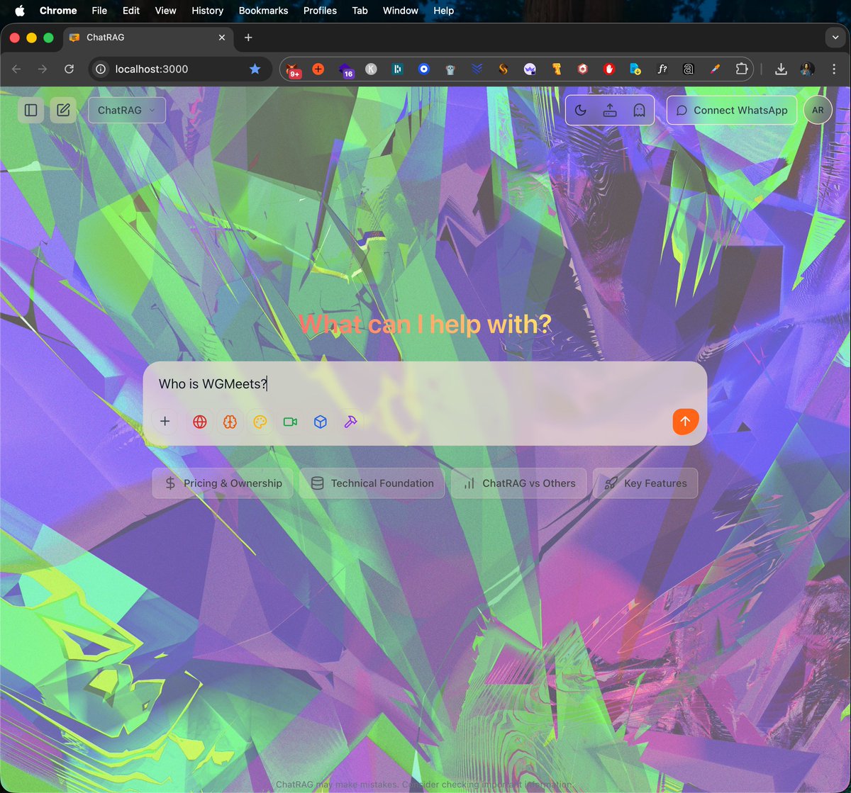 Most AI chatbots look identical.... boring, bland, corporate gray boxes.

One of ChatRAG.ai's most underrated features? That you can actually customize your chat experience.

In this example, I'm using <a href="/WGMeets/">WG</a>'s stunning digital abstract art as my background.

Why