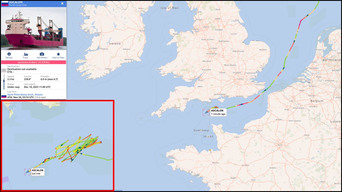 Departing from🇷🇺Saint Petersburg on November 26, her latest AIS status does not indicate any destination.

The RO-RO ship🇷🇺ASCALON has been lingering suspiciously since November 8 south of Bournemouth, 🇬🇧United Kingdom.

The🇷🇺ASCALON is listed in an international sanctions