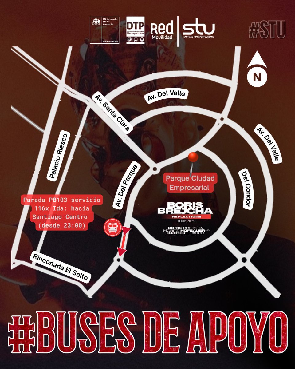 Buses de apoyo para Boris Brejcha en Ciudad Empresarial. Servicio 116x hacia Santiago Centro desde las 23:00. Movimiento seguro gracias a STU.

#STU #electromovilidad #busesred #buseselectricos #redmovilidad #BusesDeApoyo #BorisBrejcha #ReflectionsTour2025 #CiudadEmpresarial