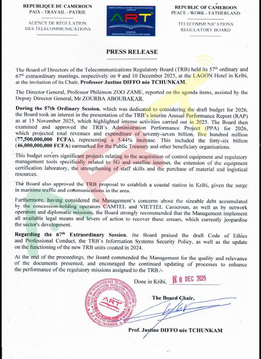 COMMUNIQUE DE PRESSE / PRESS RELEASE
#regulation #telecom #digital #performance #Cameroun