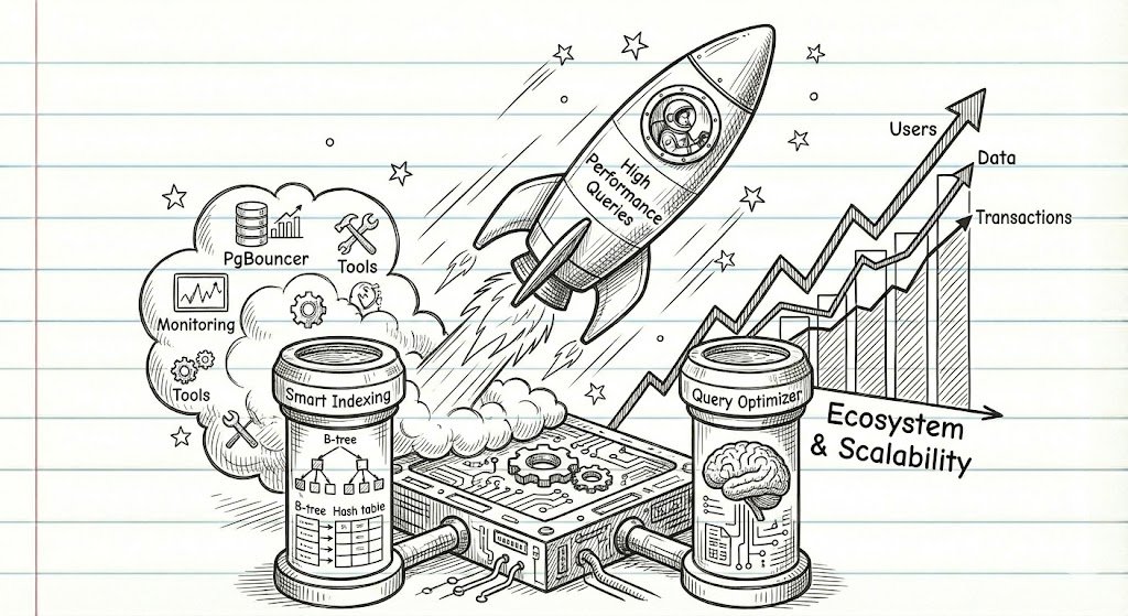 tsui_nova's tweet image. Built for scale! As your data grows, Postgres keeps performing. Its sophisticated Query Optimizer finds the fastest path, and a rich ecosystem of tools (like PgBouncer) helps you handle high concurrency with ease. #Performance #Scalability #DatabaseOptimization