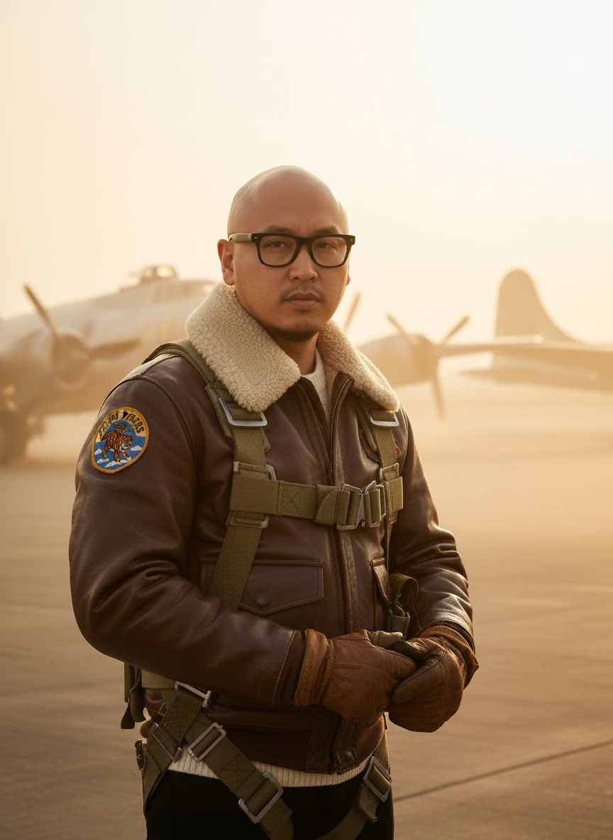 bobmata's tweet photo. Flying high, dreaming bigger. ✈️ This pilot's got that golden hour glow and a spirit that won't quit. ✨ What inspires you to soar? #WWIIHistory #AviationDreams #HeroicVibes https://t.co/smtmoXkrpA