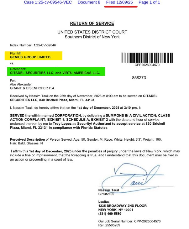 xMarketNews's tweet photo. BREAKING🚨 GENIUS GROUP OFFICIALLY SERVES CITADEL AND VIRTU IN FEDERAL LAWSUIT 

- Company Claims Citadel and Virtu Were Involved in Naked Shorting $GNS Case Is Active and Both Parties Must Respond

REPOST 👍 If You Think Hedge Funds Should Be Held Accountable https://t.co/DvNELwTaBK