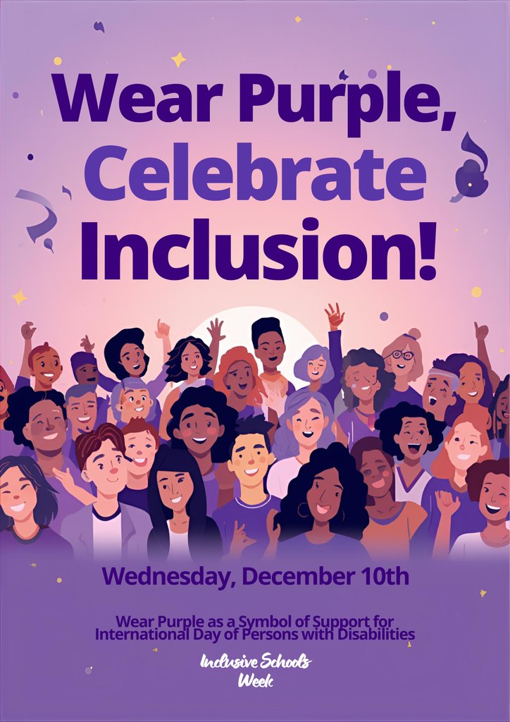 Inclusive School Spirit Week Day 3! Show your support by wearing purple for International Day Of Persons With Disability!