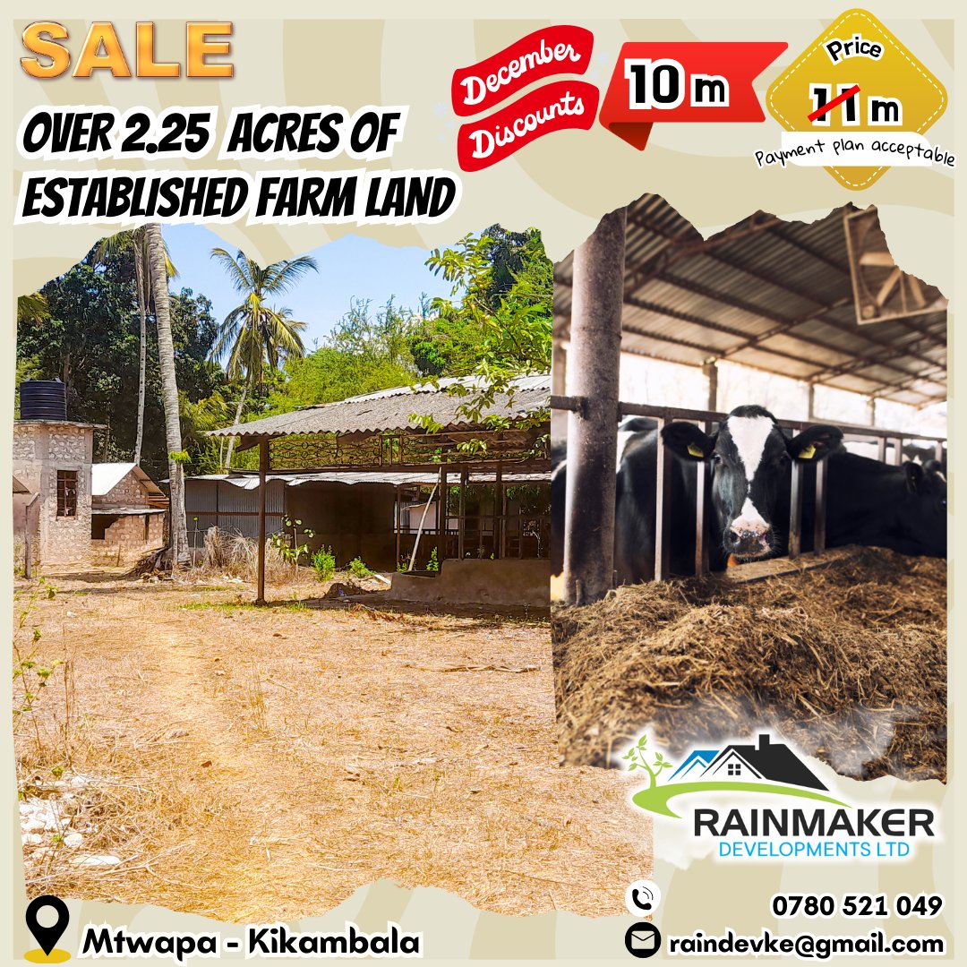 KeRainmaker's tweet image. 🌿 2.25 Acres – Mtwapa–Kikambala (Hot December Deal!) 🌿

🔥 December Discount: KES 10M (Was 11M)
📍 Between Mtwapa &amp;amp; Kikambala
✔️ Ideal for horticulture, livestock &amp;amp; mixed farming
✔️ Fertile soil + great climate = high yields

🟢 Call: 0780 521 049