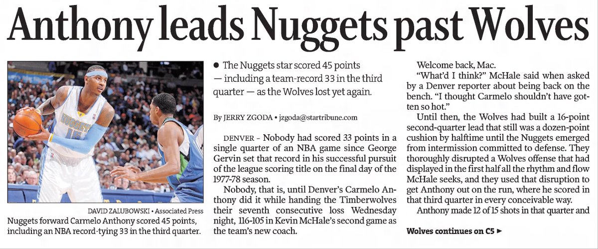 WHENESOTA's tweet image. #OTD in #Minnesota Sports History (2008) The Denver Nuggets’ Carmelo Anthony scores 33 points in the 3rd quarter of a 116-105 win over the Wolves. Anthony ended up with 45 points total. #Wolvesback (Thanks @paulstmartin) newspapers.com/clip/114398527/
