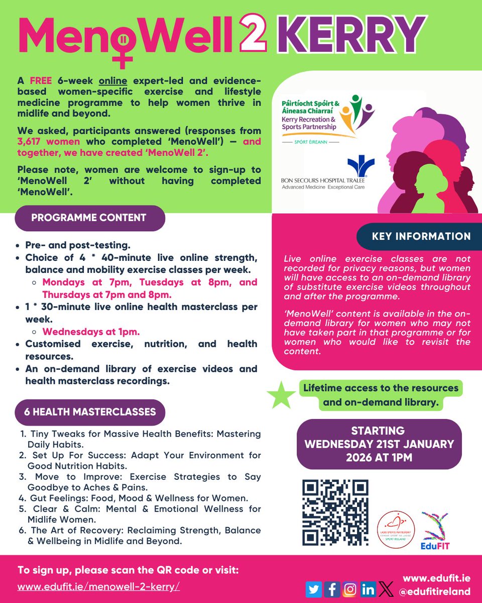 KerryRSP's tweet image. We’re thrilled to collaborate with Bon Secours hospital Tralee and our partners @edufitireland who will deliver 'MenoWell 2 Kerry' next January. This programme is a follow on from our hugely successful 'Menowell' which we rolled out earlier this year
🔗 edufit.ie/menowell-2-ker…