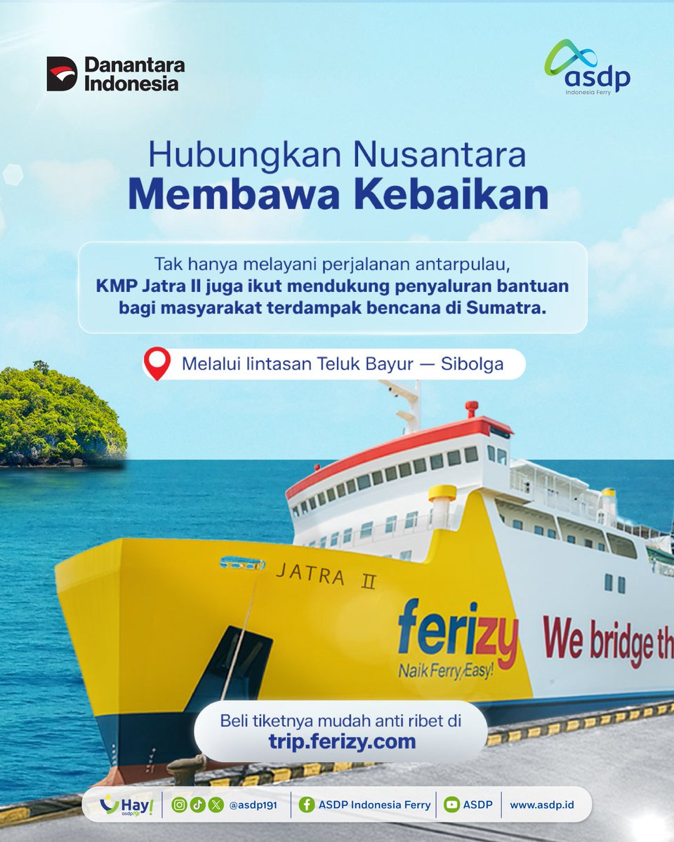Pernah lihat jalan tol terapung?
Itu bukan jembatan, itu kapal ferry ASDP yang tiap hari menghubungkan Nusantara! 🚢💙
Kenalan sama KMP Jatra II, kapal besar yang bisa angkut ratusan kendaraan plus punya fasilitas lengkap biar perjalananmu makin nyaman. ✨

Nggak cuma itu, Jatra