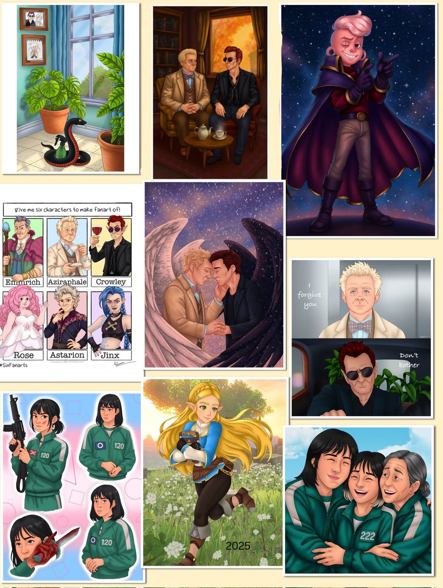 I won't be doing any more art this year so here is (most) of my 2025 art. I hit a long art block this year and wasn't able to draw for months. It really did put me down but I was able to find it toward the end. Proud of what I have done 

#Art #GoodOmens #zelda #squidgame