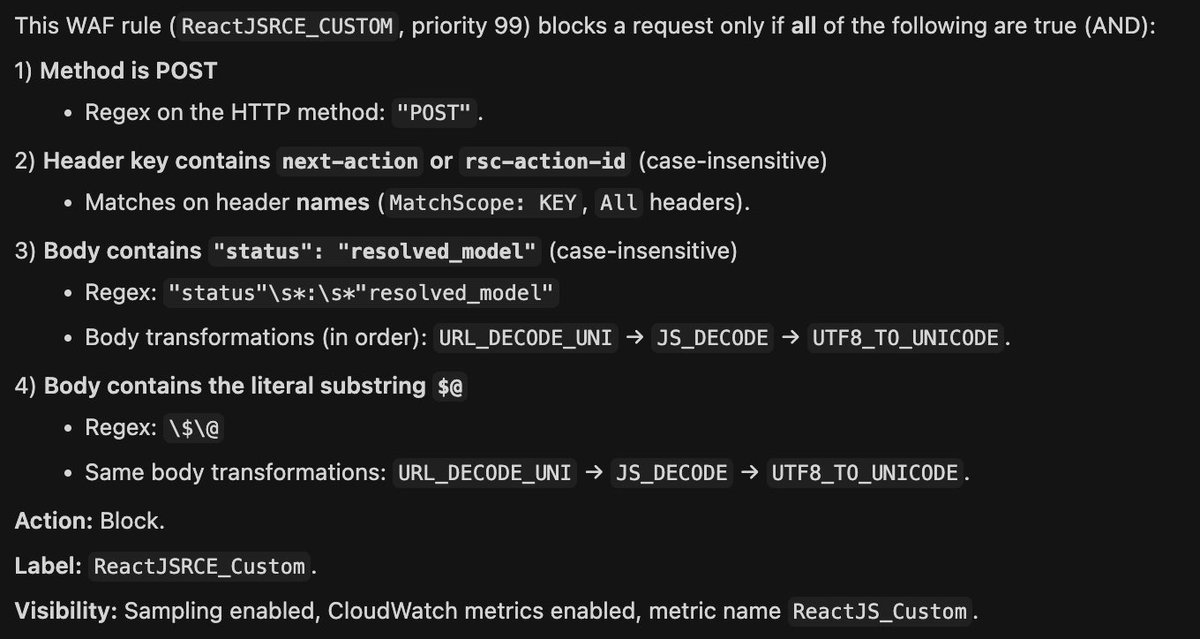 pyn3rd's tweet image. #React2Shell Someone asked which WAFs this bypass technique works on. AWS CloudFront be one answer. AWS recommends a rule that, with a bit of analysis, shows you can bypass using UTF-16 encoding. 

Here’s an official AWS link for more details: 
aws.amazon.com/security/secur…