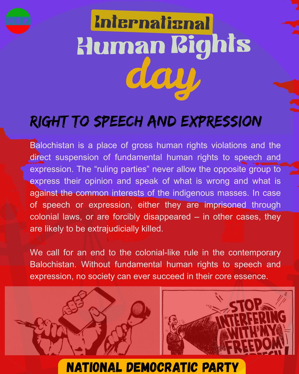 Baloch women victimization, bulldozing villages in Mastung, harassing the political workers and snatching the basic amenities of speech and expression have caused traumatic scenario in Balochistan and are among top human rights violations.

#10Dec
#InternationalHumanRightsDay2025