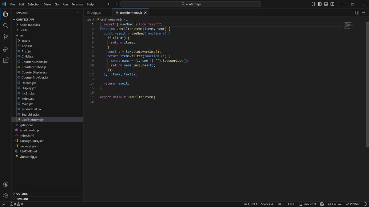 LaxmiCodes's tweet image. Practiced React  hooks with useMemo()
Passed the parameters  arraylist  &amp;amp; searchItems to filter the matched cases
It it reusable  and prevents re rendering unless there is change in array

#100daysofcode #buildinpublic #WebDevelopment